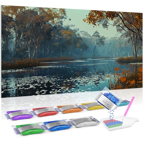 Cuadro de diamante 5D de paisaje de lago Jumpdot para decorar un salón aesthetic de forma relajante
