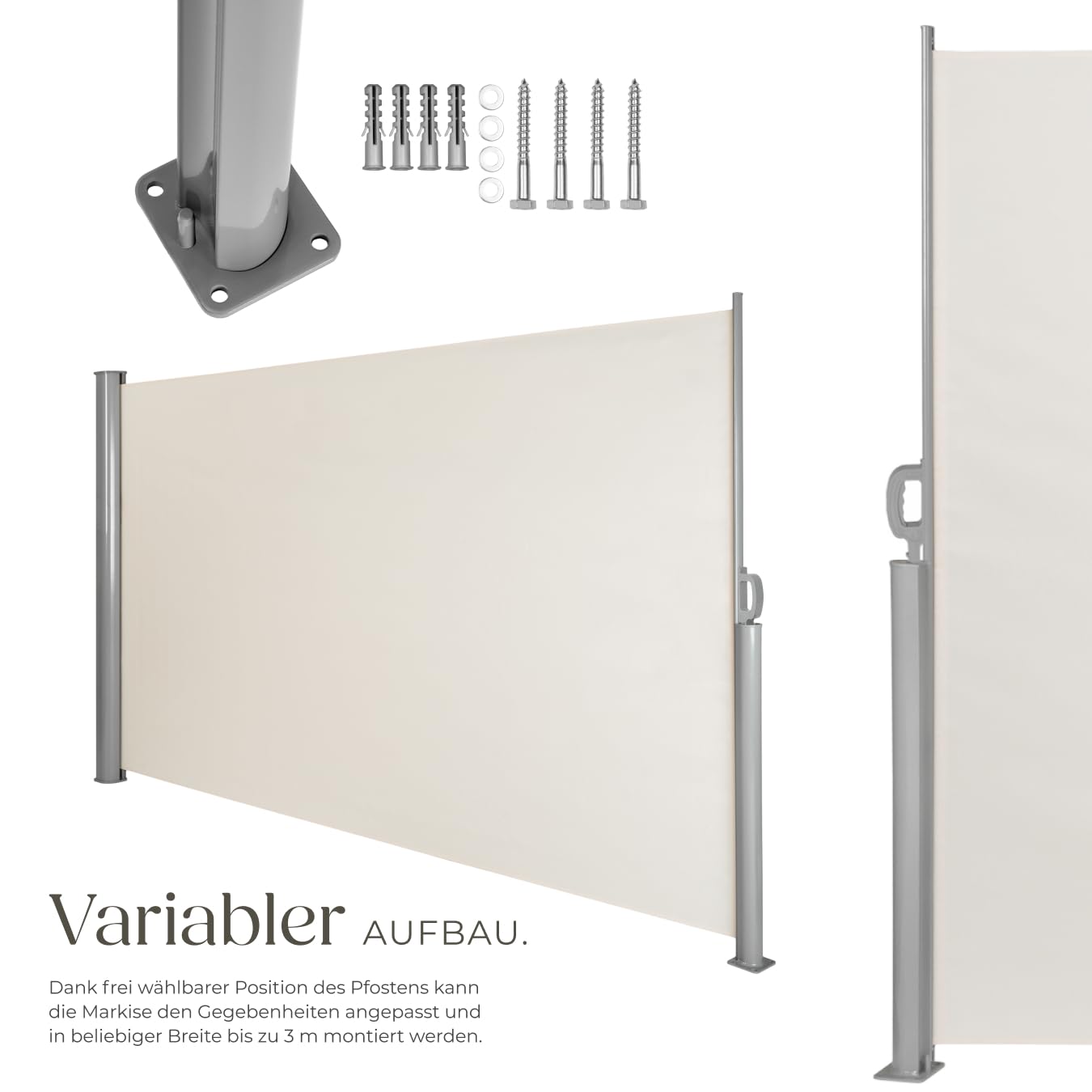 Seitenmarkise Ausziehbar Für Balkon & Terrasse – 120 X 300 Cm, Grau, UV- & Reißfest Mit Automatischer Rückrollfunktion