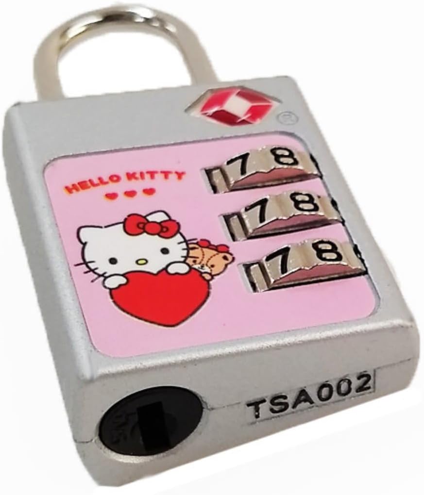 Sanrio Official Hello Kitty TSA 3 Dial Lock Padlock, Silver, No Key Required, 3 Digit Dial Type, Suitcase, Travel Bag, Tiny Cham, 4 Languages Instruction Manual (English Language Not Guaranteed), QR