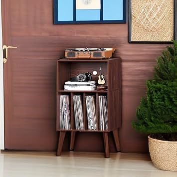 Lerliuo Record Player Stand, Walnut Turntable Stand, Holds Up to 160 Albums, Mid-Century Vinyl Storage Cabinet Table with Solid Wood Legs, Record Player Holder Display Shelf for Bedroom Living Room | Mid-Century Vinyl Storage Cabinet Table, Solid Wood Legs, Record Player Holder Display Shelf for Bedroom Living Room