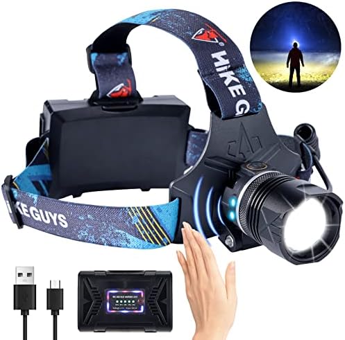 LED Rechargeable Headlamp, Headlight 90000 Lumens Super Bright with 6 Modes & IPX5 Warning Light, Motion Sensor Adjustable Headband Head Lamp, 60° Adjustable for Adult Outdoor Camping Running Cycling