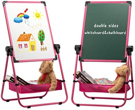 DOEWORKS Kids Art Easel Magnetic Whiteboard/Kids Flip Chart Easel, Double Sides Whiteboard & Chalkboard Standing White Board, Height Adjustable & 360°Rotating with Storage Box(Pink)