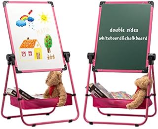 DOEWORKS Kids Art Easel Magnetic Whiteboard/Kids Flip Chart Easel, Double Sides Whiteboard & Chalkboard Standing White Board, Height Adjustable & 360°Rotating with Storage Box(Pink)