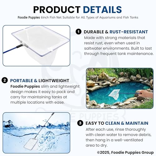 Image of Foodie Puppies Fish Net Cleaner for Aquarium /Fish Tank - 6inch | Nylon Net Safe for All Aquarium Fish, White Net with Blue Handle Quick Catch Mesh (Aquarium Fish Net 6inch)