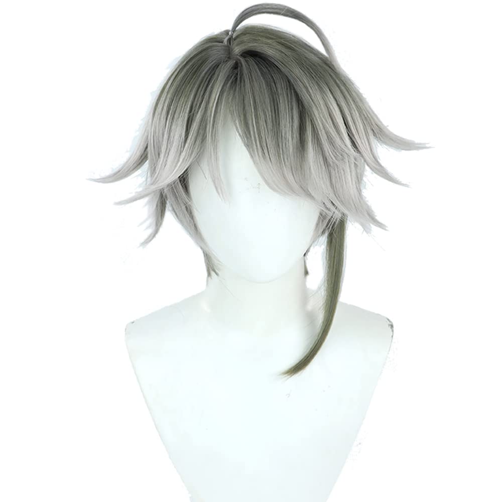 Alhaitham Gray Gradient 30cm Wig Lifelike Daily Synthetic Hair Full Head Cover Daily Halloween Carnival Comic Exhibition Hair Natural Wigs with Bangs