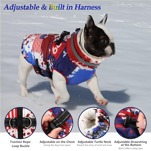 Image of Dogcheer Dog Winter Coat, American Flag Dog Jacket with Harness- Flag,XL | Adjustable Puppy Warm Coat with Zipper, Waterproof Dog Puffer Jacket, Pet Fleece Jacket Snowsuit for Small Medium Large Dogs
