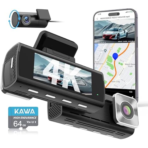KAWA 4K Dashcam Auto Vorne Hinten, AI-ISP Echtfarben-Nachtsicht, 4K+1080P WiFi Dual Dashcam, Inklusive 64GB SD-Karte, mit GPS, 3.16'' IPS Bildschirm, Loop-Aufnahme, Notaufnahme, 24Std. Park Modus