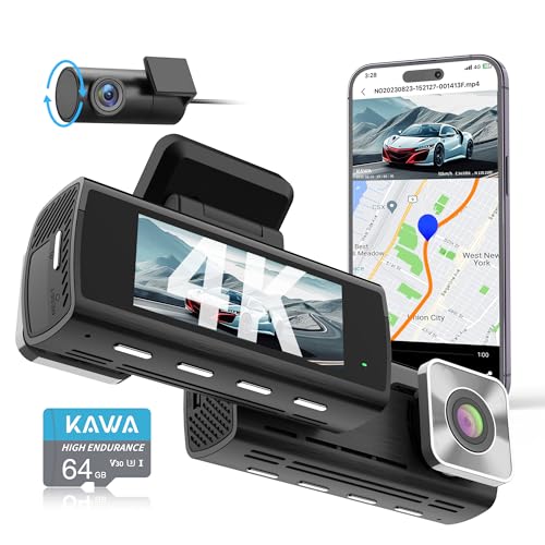 KAWA 4K Dash Cam Front Rear, AI-ISP Night Vision, Free 64GB Card...