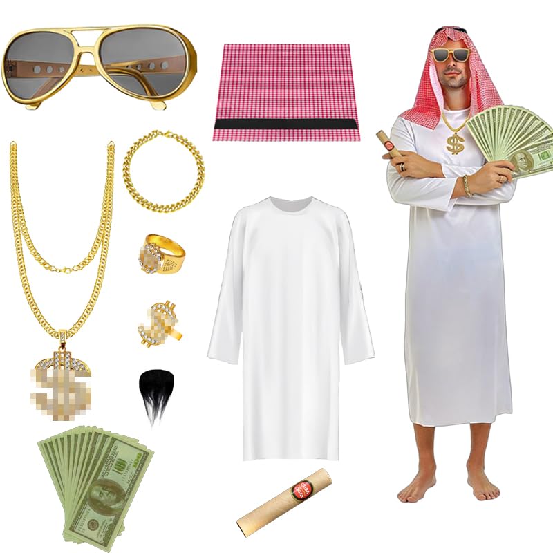 Mino Plus Vestido de Jeque Adulto,Conjunto de Disfraz jeque,Disfraz Jeque Arabe Con Pañuelo En La Cabeza,Arabian Costume Hombre,Adecuado para El Carnaval, Fiesta, Cosplay (B, XL)