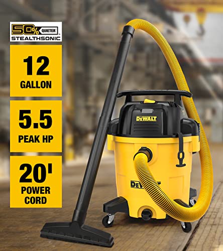 Image of DEWALT 12 Gallon STEALTHSONIC Ultra Quiet Poly Wet Dry Vacuum, DXV12P-QTA Powerful Suction Noise Reduction Vac, 5.5 Peak HP Shop Vacuum for Jobsite /Workshop, Reduce Motor Noise, Yellow