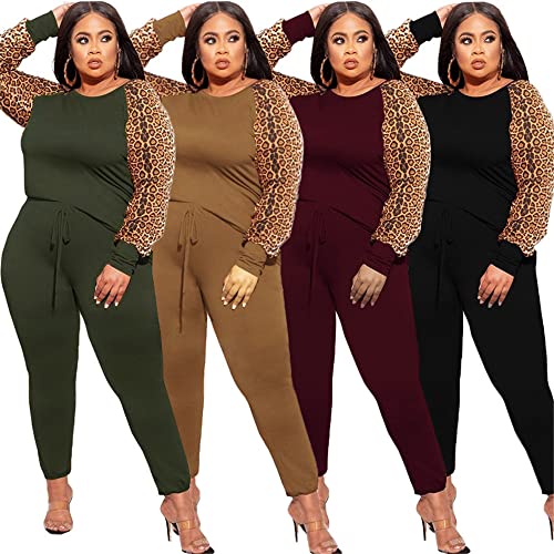 Mrsfitok Plus Size Leopard Print 2 Piece Outfit For Women Sweatsuits Sets Long Sleeve Tops And Sweatpans Sweatsuits Tracksuits Black Xl #TOP3