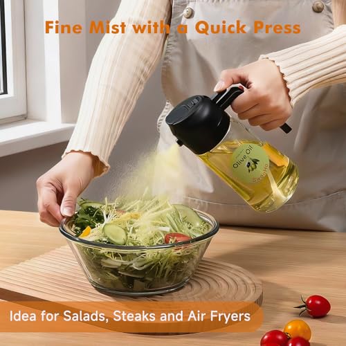 SweeHo Oil Sprayer for Cooking,470ml Cooking Olive Oil Sprayer and Oil Dispenser 2 In 1, Food-grade Glass Oil Spray Bottle Mister for Air Fryer, BBQ, Griddle (Black+transparent glass and color label)