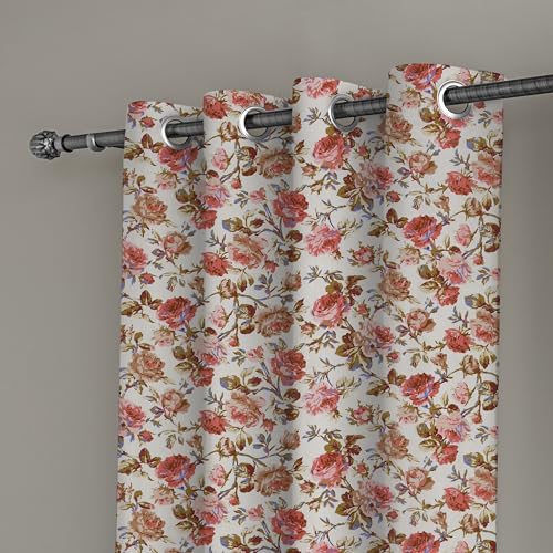 Image of LINENWALAS Cotton Printed Curtains 10 Feet Long 2 Panels Set, Curtain for Door Hangings Home Decor Items for Living Room Bedroom, Semi Sheer Drapes with Eyelet Rings (Red Rose Tulip)