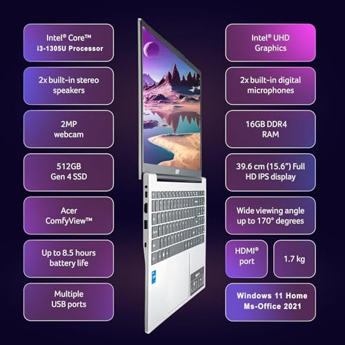 acer Aspire 3 Slim Laptop with Office 365 for The Web - Backlit Keyboard - Intel Core I3-1305U Processor - 8GB RAM - 256GB SSD - 15.6" FHD - Windows 11 no Mouse - Image 2
