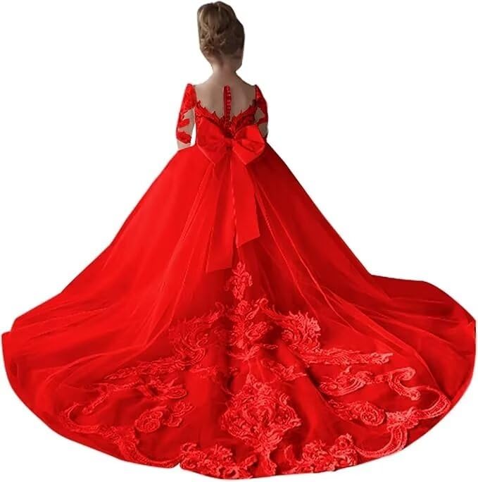 Long Sleeve Flower Girl Dress with Bow Lace Appliques First Communion Dress for Girls Princess Pageant Dress Ball Gown