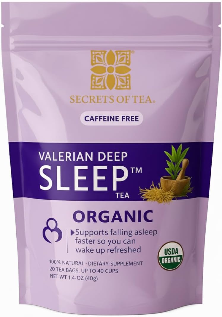 Secrets Of Tea Valerian Sleep Tea - Natural USDA Organic Caffeine-Free Tea- Herbal Tea for Sleep and Relaxation with Lavender, Chamomile and Lemon Balm - 20 Count(1 Pack)