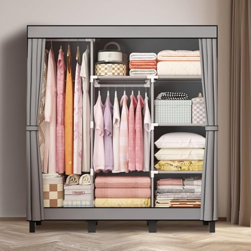 LOEFME Kleiderschrank, Faltbare Canvas-Garderobe, tragbare Garderobe, schnelle Montage, 172 x 130 x 45 cm (Noir) (Grau)