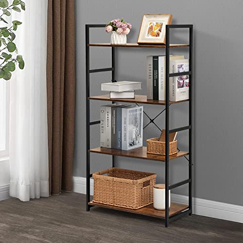 Monibloom 4-Tier Bookshelf, Industrial Bookcase W/Metal Frame Open Back Storage Display Shelves For Living Room Study Room, Rustic Brown #TOP1