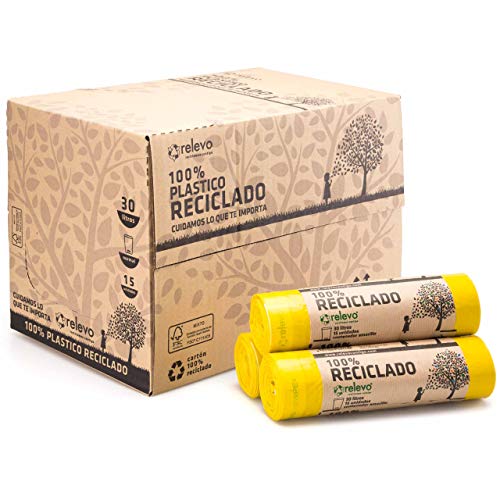 Relevo Bolsas de Basura Amarillas con Autocierre – 30L (Ancho 55 cm x Alto 60 cm), 360 Bolsas (24 Rollos × 15 Bolsas) | Bolsas de Basura Extra Fuertes | 100% LDPE Reciclado | Certificado Blue Angel