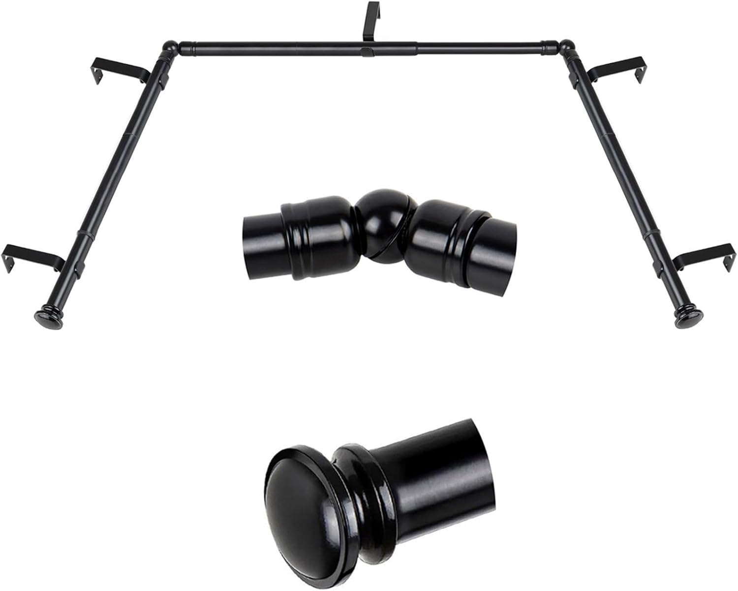 TONIAL Bay Window Curtain Rods, 32 to 86 Inch Center Rod for window, 32 to 58 Inch Side Rods for windows 3/4 Inch Decorative Drapery Rods with Small Cap Finial, Black Light Black 32-86"(3 sided)