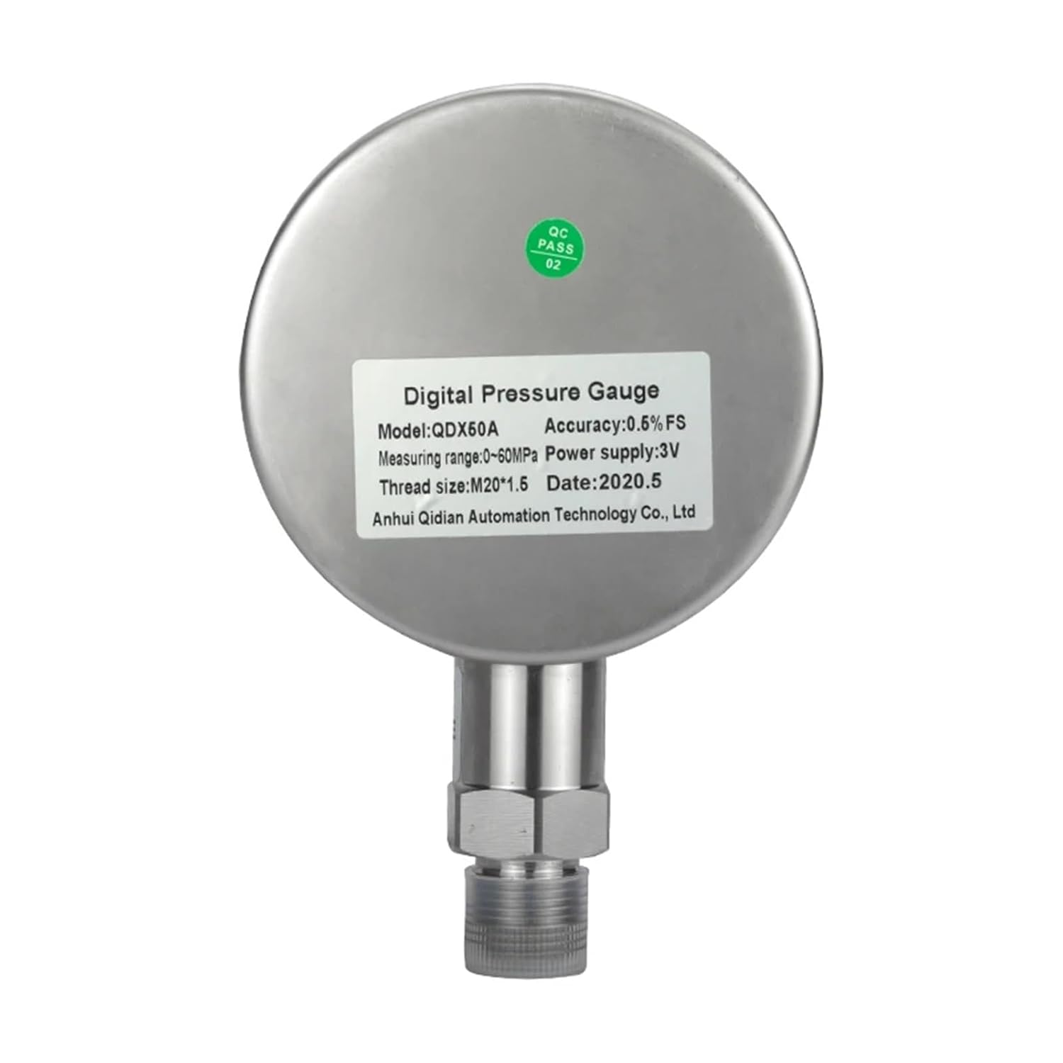 Back label of the digital pressure gauge showing model, measuring range, accuracy, power supply, and thread size