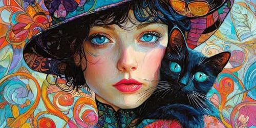 Diamond Painting Jeune fille chaton, cadeau créatif DIY broderie diamant pour adultes et enfants