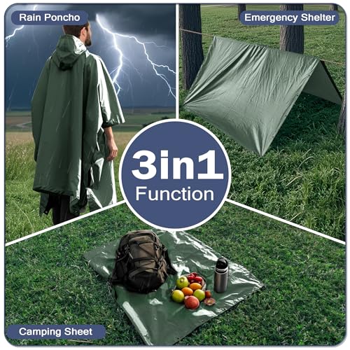 Sensong Regenponcho Wasserdicht Regencape mit Kapuze Multifunktionales Regenmantel Wiederverwendbar Regenkleidung Faltbare Ripstop Damen Herren für Wandern Jagd Camping Angeln Täglichen Gebrauch Grün