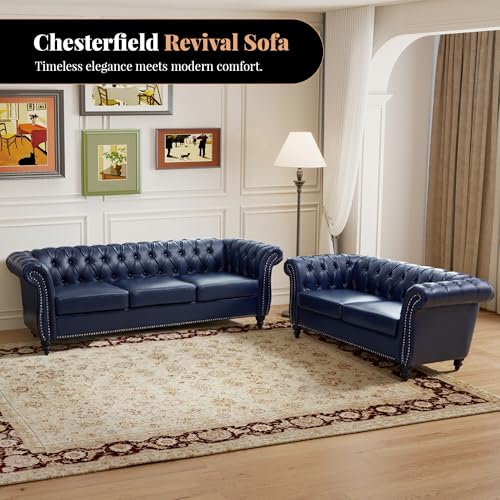 Image of LEVNARY Chesterfield Sofa, 3 Seater Tufted Couch for Living Room, Classic Button Tufted Upholstered Sofa, Modern Mid-Century PU Leather Sofa (Blue)