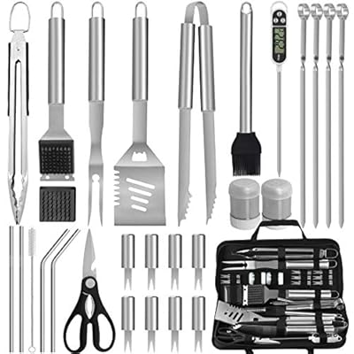 POLIGO 29PCS BBQ Grill Accessories Kit with 2 Different Grill Essential Tongs in Bag - Complete Heavy Duty Barbecue Tools Set for Backyard Party - Perfect Grilling Gifts on Birthday Christmas