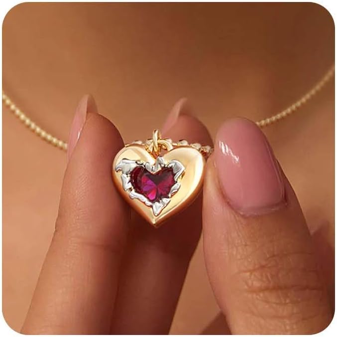 Fettero Gold Heart Necklace for Women 14K Gold Plated Birthstone Necklace Charm Heart Pendant Necklace Cute Love Necklace Jewelry CZ Pendant Necklace Birthday Gift for Women Jewelry