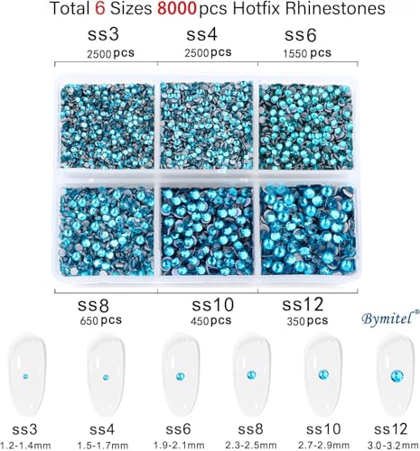 Image of Bymitel Hotfix Crystal Rhinestones Round Gems for Crafts,Mixed 6 Sizes with Wax Pencil Kit, Blue Zircon 1.3-3.2mm(SS3-SS12 /8000pcs)