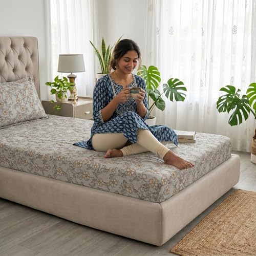 Image of Mafatlal 186 TC Grace Cotton Bedsheet for Single Bed | 154 x 228 cm | Soft, Durable & Breathable Fabric | Includes Pillow Cover