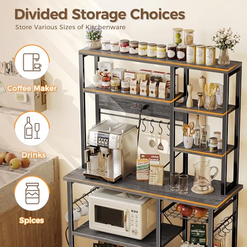 Image of SUPERJARE Large Bakers Rack with Power Outlets, 6-Tier Microwave Stand, Coffee Bar with 12 S-Shaped Hooks, Kitchen Shelf with Wire Basket, 39.4 x 14.6 x 66.9 Inches, Charcoal Gray