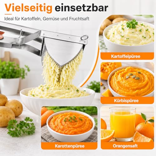 Foto von Hohe Qualität Kartoffelpresse Edelstahl Testsieger - Ergonomischer Komfortgriff, Extra Großes Fassungsvermögen, Spülmaschinenfest, für Kartoffelpüree, Obstsäfte, Gemüsebrei, Püree