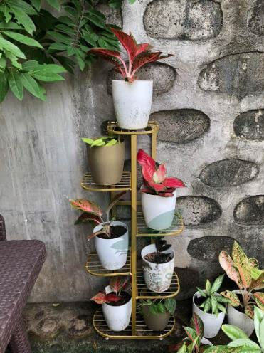 Image of Metal Flower Pot Stand for Indoor & Outdoor - Multi-Tier Iron Plant Stand for Home, Balcony & Garden - Space-Saving, Multi Tier Plant Stand for Balcony (Gold, 47 x 25 x 102 cm