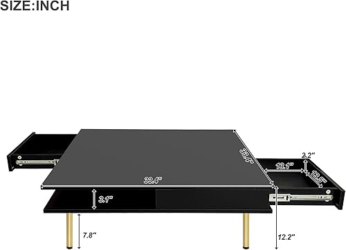 Miniatura 2 de Mesa auxiliar cuadrada de 33.4 pulgadas de ancho x 33.4 pulgadas de profundidad, exquisita mesa de centro de alto brillo con 4 patas doradas y 2
