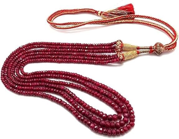 Natural 4mm Ruby Jade Faceted Rondelle Bead Necklace – 3 Strands, 16–19" Adjustable Tassel Clasp Wedding Jewelry for Women