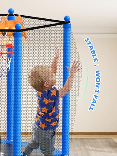Image of BLUERISE 55IN 6FT Indoor /Outdoor Toddler Trampoline for Kids | Galvanized Steel Pipe，Multiple Activity Accessories，110lb，Safety Enclosure，Basketball Hoop，No-Gap Design，Anti-Rollover Bottom