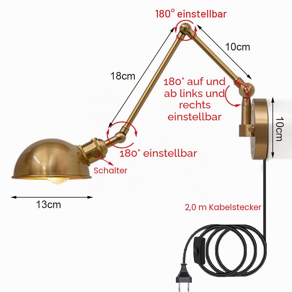 Rustikale Wandleuchte mit Stecker, Messing Wandlampe mit schalter Verstellbarer Schwenkarm Nachttisch Wandbeleuchtung Leselampe mit 2,0 m Kabel für Schlafzimmer Bettseite Wohnzimmer Esszimmer Gold