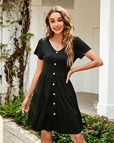 Sexyasasii Women's Summer Casual Short Sleeve Button Down Ruffle Mini Dress V Neck Flowy Short T Shirt Dress With Pockets(Black,M) #TOP2