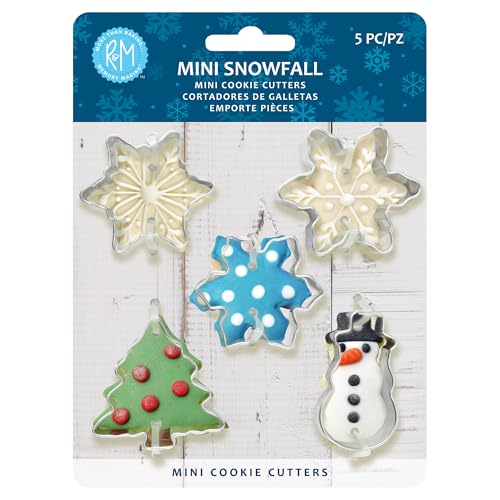 R&M International Mini Snowfall Cookie Cutters, Snowman, Tree, 3 Snowflakes, 5-Piece Set