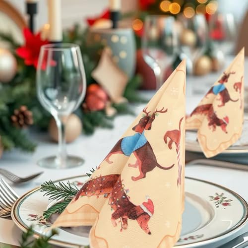 BETESSIN Servietten Weihnachten - 40 Stück Weihnachtsdackel Servietten - Papierservietten mit Dachshund Motiv - Weihnachtsdeko Tisch - Weihnachtsservietten Dackel Deko Weihnachten & Winter