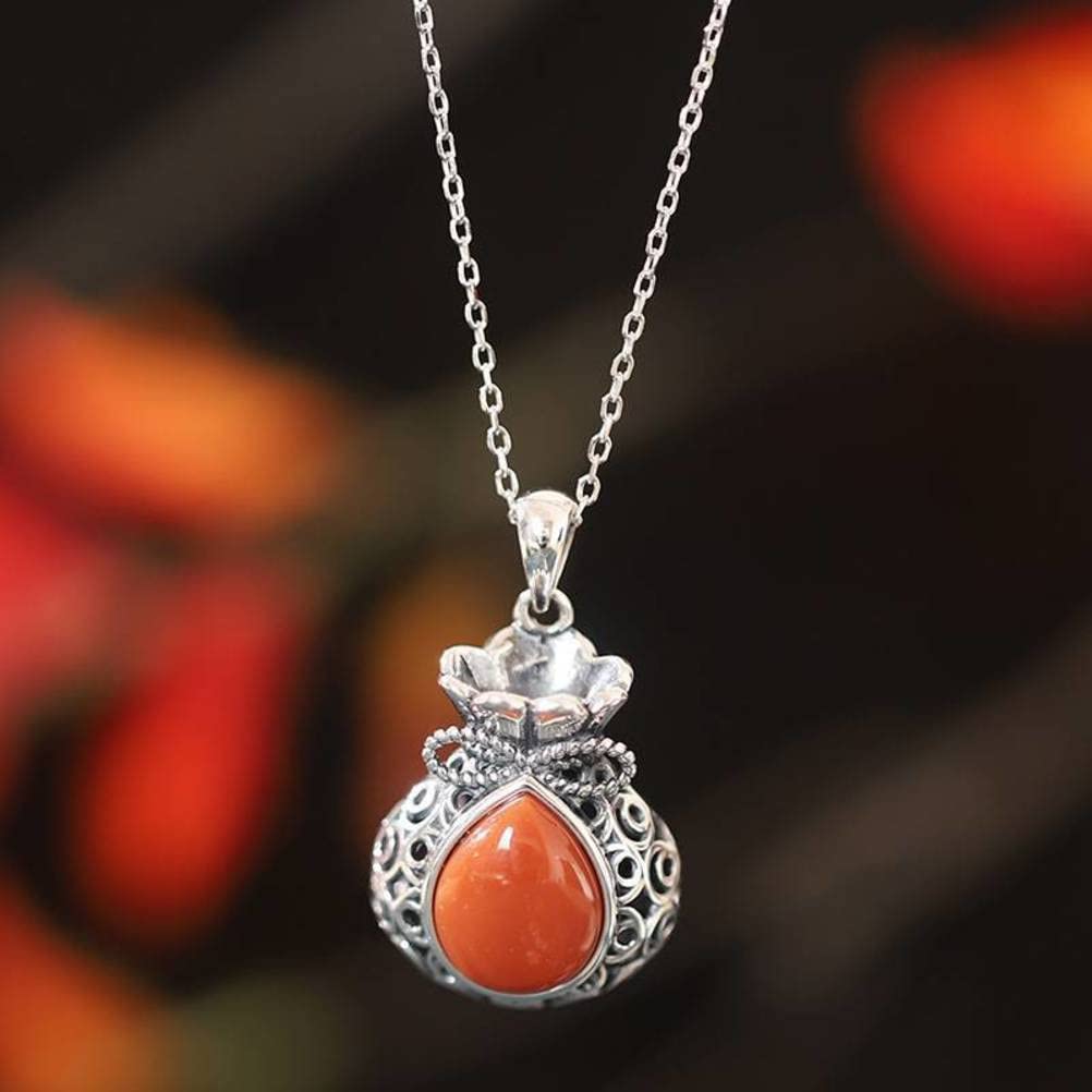 Collana con pendente a goccia d'acqua cava con borsa benedetta, femminile in argento 925, stile retrò, a goccia di olio, nefrite, giada bianca, agata rossa