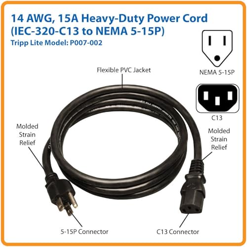 Image of Eaton Tripp Lite Series 15 Amp Standard 2ft Computer Power Cord for PC, Monitor, Laptop & More | UL Listed, Heavy Duty 14 AWG, 5-15P to IEC C13, Replacement 3 Prong AC Power Cable (P007-002)