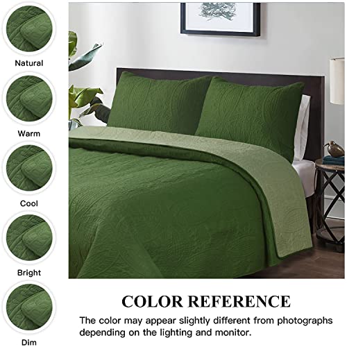 Bedream 3 Pieces Reversible Oversized Bedspread Set Queen, Green Light Weight Ultrasonic Embossed Quilt Set With Coin Medallion Pattern, Modern All Season Solid Coverlet For Bedroom, Microfiber #TOP5