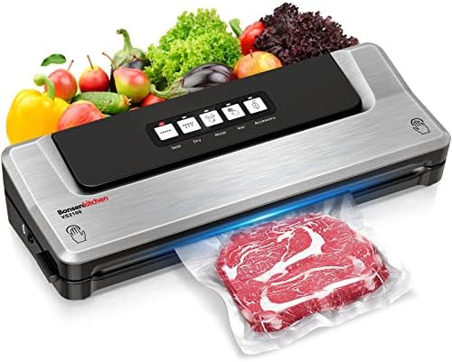 Bonsenkitchen Food Sealer Machine, Dry/Moist Vacuum Sealer Machine with 5-in-1 Easy Options for Sous Vide and Food Storage, Air Sealer Machine with 5 Vacuum Seal Bags & 1 Air Suction Hose, Silver