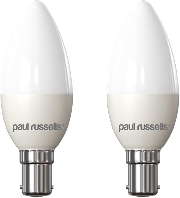 paul russells 6.5W LED Candle Light Small Bayonet Cap B15D, 60w Bulb, 806LM LED Bulbs, 6500K Daylight Lamps, Frosted C35 SBC Energy Saving Chandelier Lightbulbs, Pack of 2