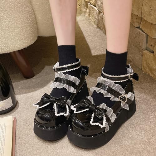 Parisuit Womens Kawaii Lolita Shoes Goth Mary Jane Wedge Heels Platform Pumps Round Toe Bow Cosplay Shoes3