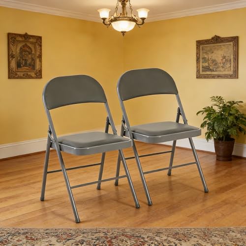 Simple Deluxe 2 Pack Folding Chairs Padded Leather Seats Heavy-Duty Metal Frame | Collapsible & Lightweight for Indoor/Outdoor Events Home Office Grey