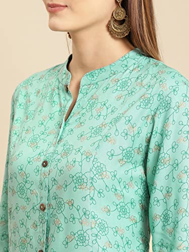 Image of rangita Turquoise Rayon Calf Length Printed Front Slit Kurti for Women | Kurta for Women